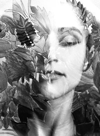 Paintography. Portrait of a woman combined with a paintingの写真素材