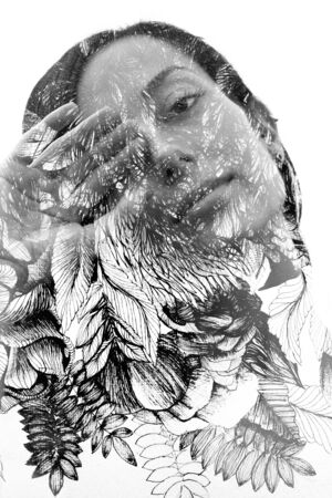 Paintography. Portrait of a woman combined with a drawingの写真素材