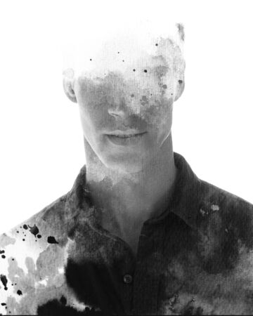 Paintography portrait of an attractive man combined with an abstract ink painting