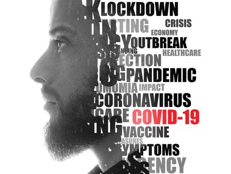 Man with Coronavirus word cloud. Double exposure portrait.の写真素材