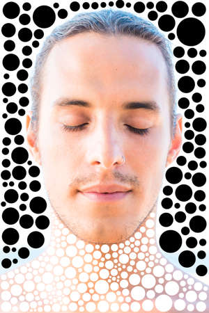 Portrait of sexy bare-chested man with closed eyes, nose ring and hair tied back