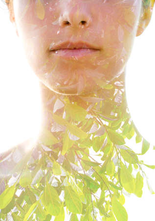 Young woman double exposure portrait with leaves