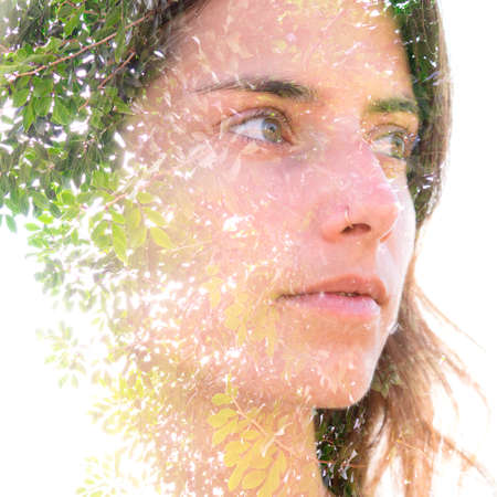 Young woman double exposure portrait with leaves