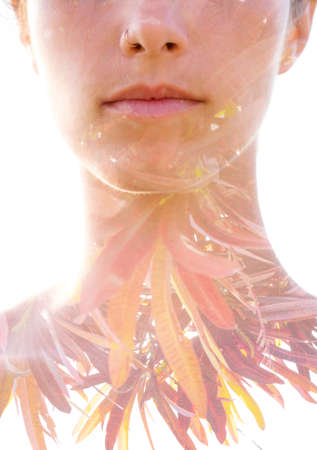 Young woman double exposure portrait with leaves