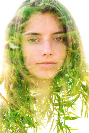 Young woman double exposure portrait with leaves