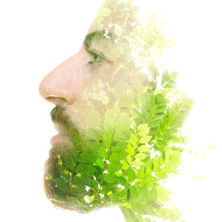 A bearded bold man profile double exposure portrait close up combined with a photo green branchesの写真素材
