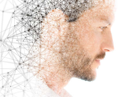 A mans profile portrait combined with digital art on white backgroundの写真素材