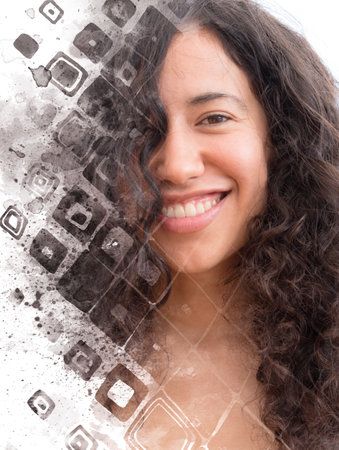 Smiling young woman with curly hair portrait combined with digital illustrationの写真素材