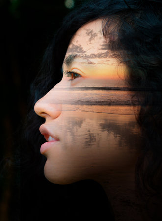 A profile portrait with beautiful visual illusionの写真素材