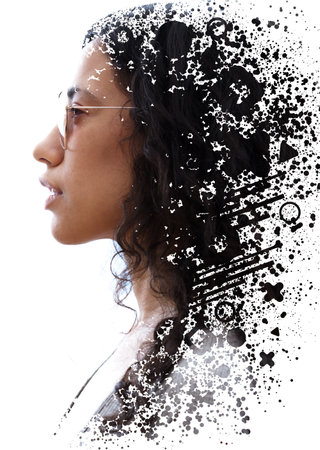 A paintography portrait of a young woman profile with sun glasses against white background