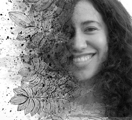 Smiling young woman with curly hair portrait combined with digital illustration