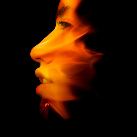 A creative double exposure combined with a fire photographの写真素材