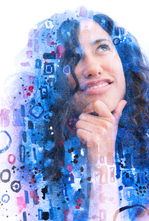 A paintography portrait of a half smiling thoughtful young woman with curly hair holding her chin