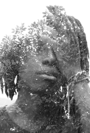 A conceptual doubel exposure portraitの写真素材