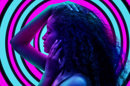 A pop art style portrait on swirling backgroundの写真素材