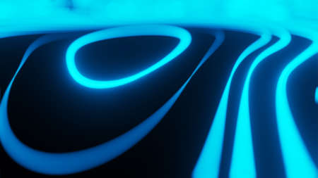 Blue neon abstract shapes on black background 3D renderの写真素材
