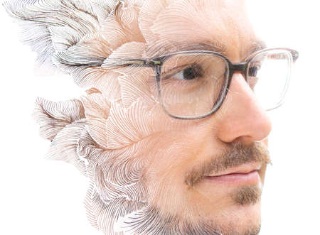 A portrait of a man in glasses combined with ink drawing