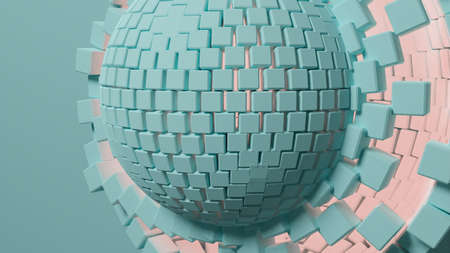 3D Illustration. of turquoise sphere composed of cubes