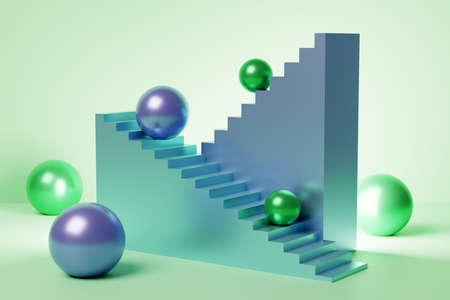 Surreal 3D illustration with staircases and spheres