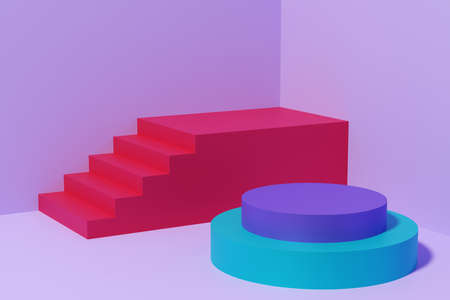 Red stairs and an empty platform for a product. 3D illustrationの写真素材