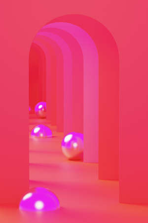 3D illustration of vibrant arches and glossy spheresの写真素材