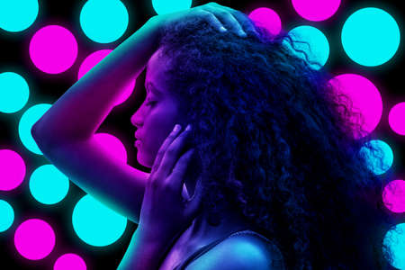 A portrait on neon dot pattern background