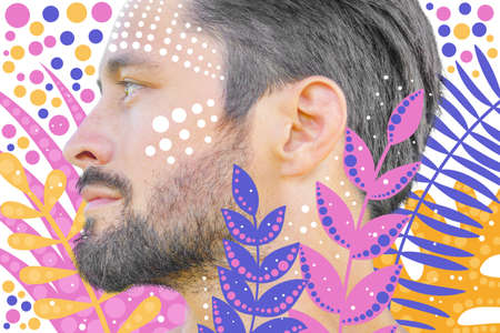 Mans artistic profile portrait with floral and dotted patterns