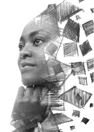 Paintography. An abstract pencil drawing combined with a portrait of an attractive African American womanの写真素材