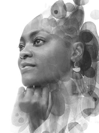 Paintography. Hand painted circles combined with a portrait of a young African American womanの写真素材