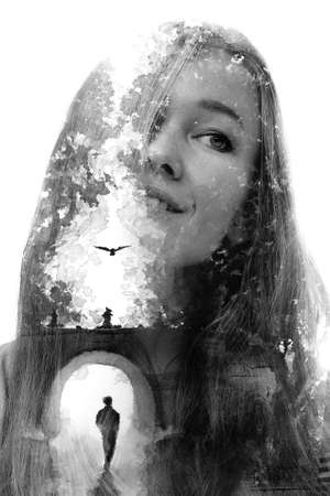 Paintography. A black and white portrait of a woman combined with a painting.の写真素材