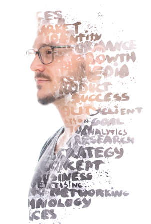 Paintography. A creative portrait of young man combined with a word cloud