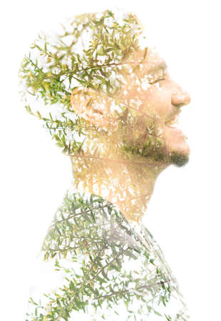 Expressive double exposure portrait. Isolated on a white background