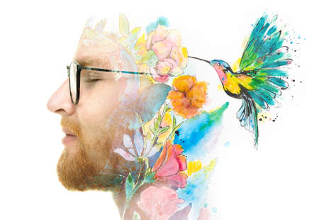A portrait of a man combined with a painting in a double exposure technique