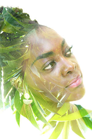 A portrait of an attractive woman combined with a shot of a nature