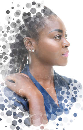 A portrait of a woman combined with translucent circles in a double exposure technique.の写真素材