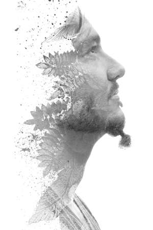 Paintography. Black and white detailed painting of plants combined with a profile portrait of a...