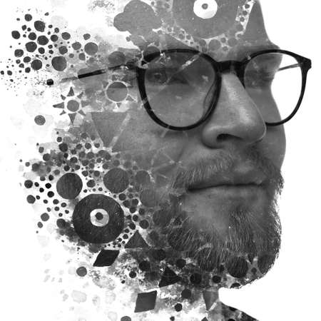 A portrait of a man combined with an ink painting in a paintography technique.