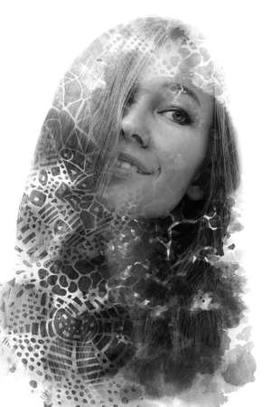 Paintography. A full face portrait of a woman combined with an ink painting.の写真素材