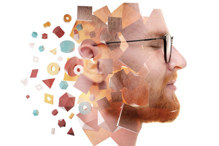 A portrait of an attractive man combined with various 3D geometric shapes.