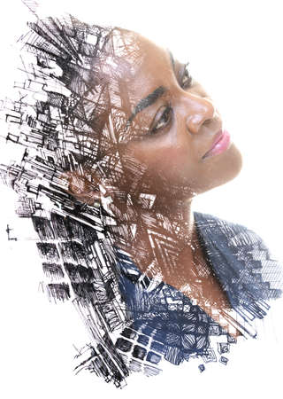 A portrait of a woman combined with an abstract ink painting in a paintography technique.