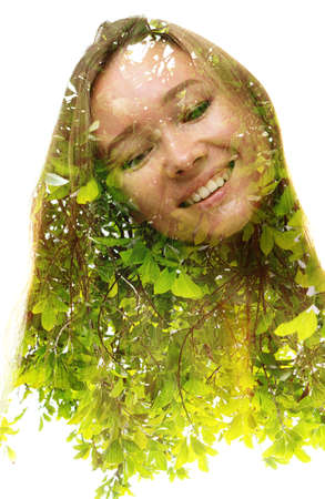 A portrait of a woman combined with wild nature in a double exposure technique.