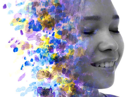 Paintography. A portrait of a young European woman combined with an abstract watercolor painting.