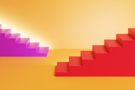 Red and purple staircases. 3D illustrationの写真素材
