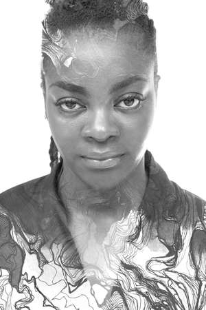 A double exposure black and white portrait of a woman combined with digital art. Abstract lines....