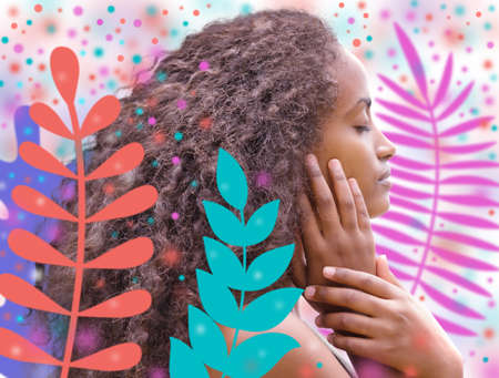 Portrait with digital art and effects on colorful backgroundの写真素材