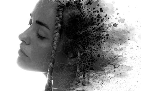 A portrait of a young woman combined with an ink painting. Paintography.の写真素材
