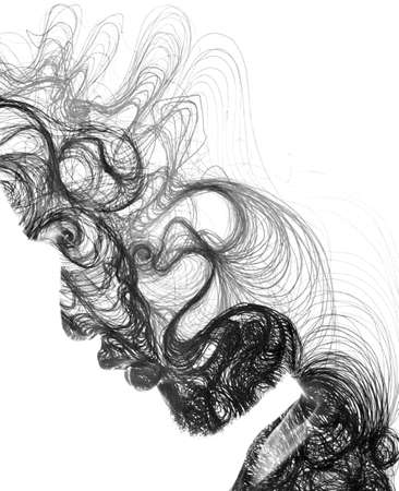 A portrait of a man combined with linear digital graphics. Paintography.の写真素材