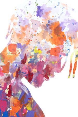 A portrait of a man combined with colorful watercolor splashes. Paintography.の写真素材