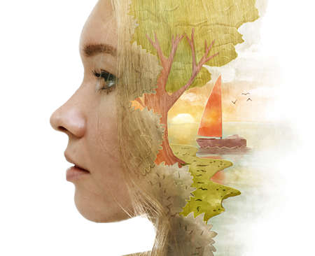 A profile portrait of a woman combined with a painting. Paintography.