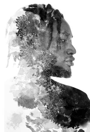 Paintography. A portrait of a young man combined with flying triangles.の写真素材